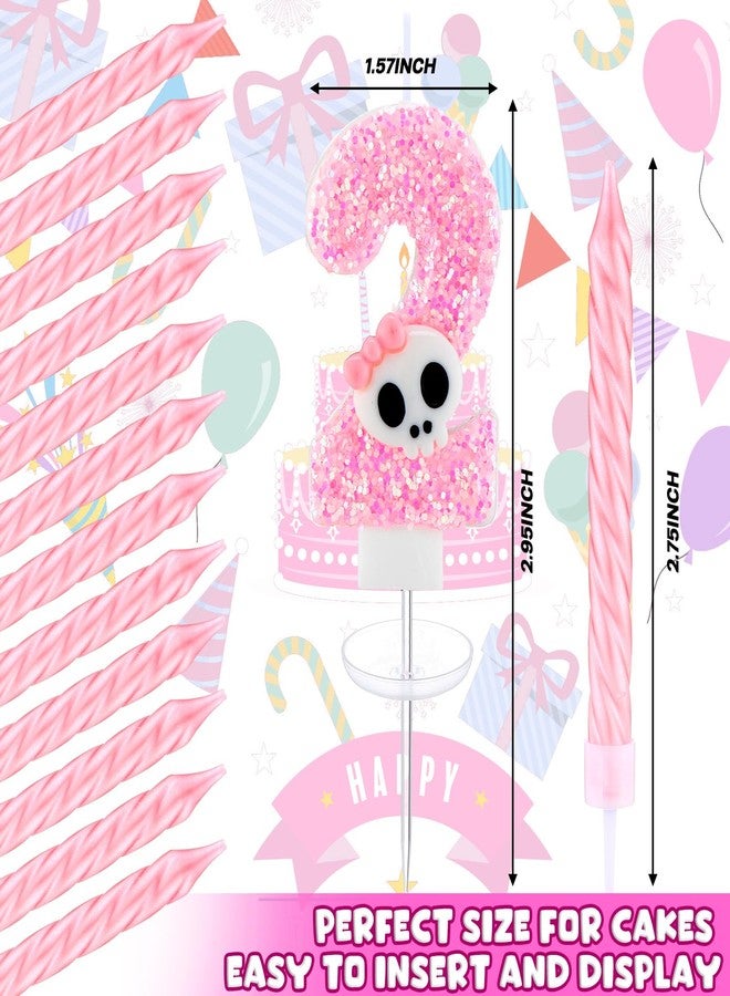 Conelist Bad Two The Bone Birthday Candle Cake Decorations, Pink Number 2 Skeleton Skull Candles, Rock and Roll 2nd Birthday Cake Topper with 12 Pink Long Taper Candle Girl Party Favors - Image 2